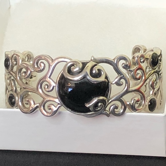 BARSE Sterling Silver Scroll Filigree Overlay Black Onyx Cabochon Cuff Bracelet - Picture 4 of 15